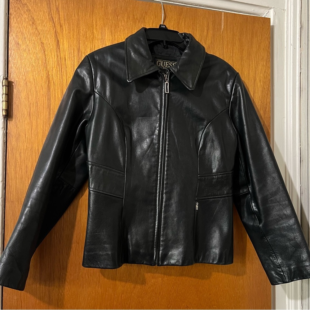 Vintage Guess Women's Sleek Black Biker Leather Jacket size L- Motorcycle Jacket